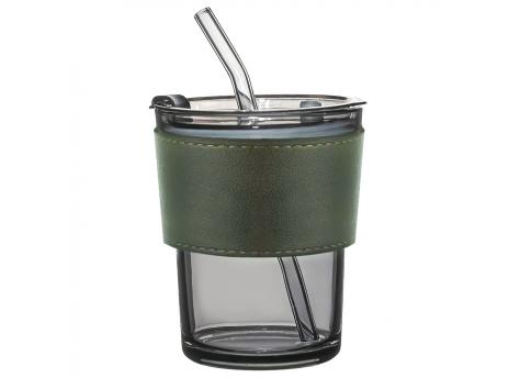 Стакан стеклянный с трубочкой и капхолдером Karamel, зелёный
