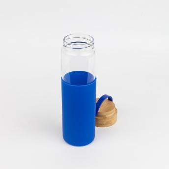 Бутылка стеклянная с силиконовой манжетой и бамбуковой крышкой  Glass , синий