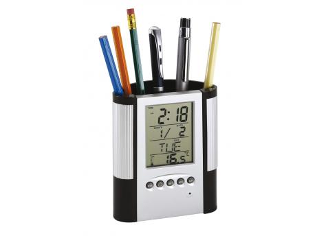 Подставка для ручек с многофункциональными часами BUTLER, черная, серебристая NTEU7-93222