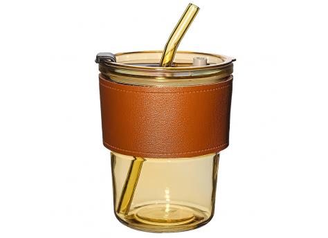 Стакан стеклянный с трубочкой и капхолдером Karamel, золотой