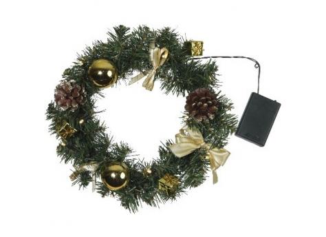 Венок еловый DECORAGE, диаметр 30 см, 10 LED ламп, на батарейках, зелёная хвоя, золотистые украшения