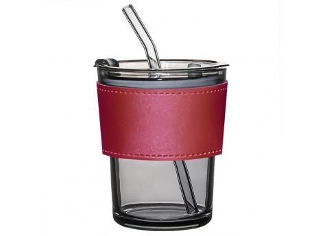 Стакан стеклянный с трубочкой и капхолдером Karamel, бордовый