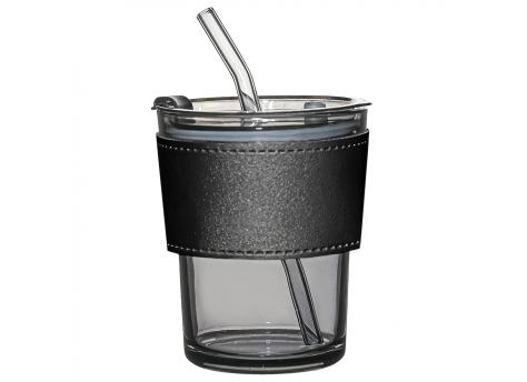 Стакан стеклянный с трубочкой и капхолдером Karamel, черный