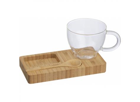 Бамбуковый поднос с ложкой и стеклянной кружкой NTEU9-113675